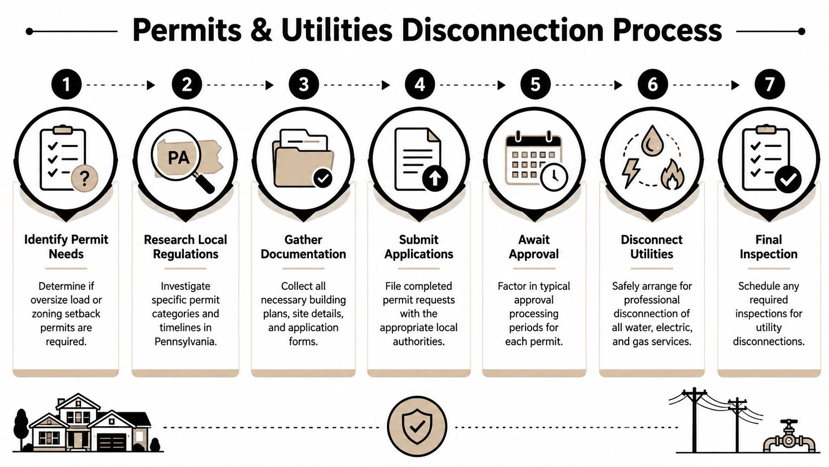 Moving Portable Building in Honey Brook Township PA 3 A seven-step flowchart illustrating the process for obtaining building permits and disconnecting utilities for relocation projects.