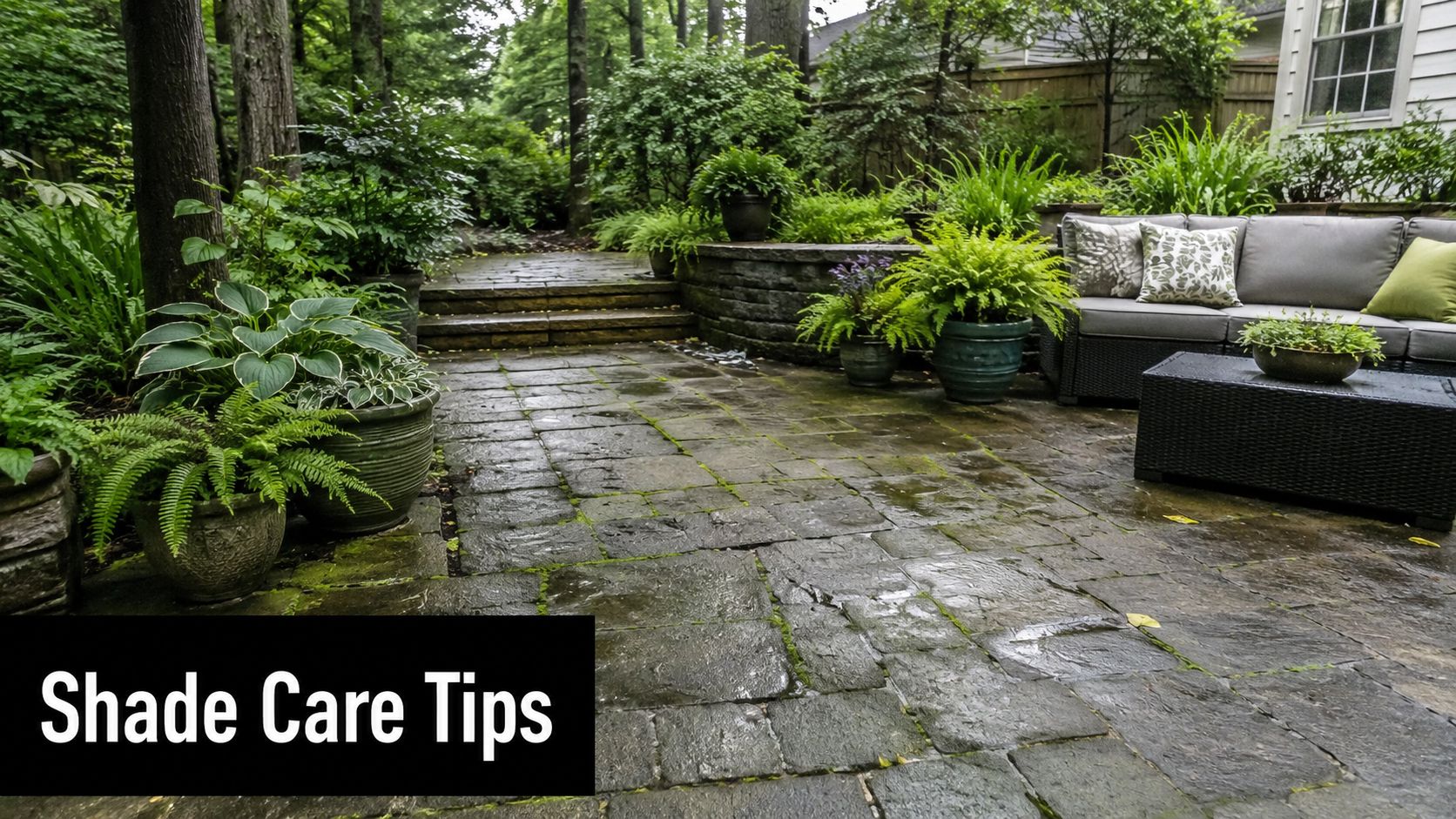 How to Choose and Use Patio Concrete Molds in 2026 5 A serene stone patio in a lush backyard garden featuring outdoor furniture and vibrant potted shade plants.