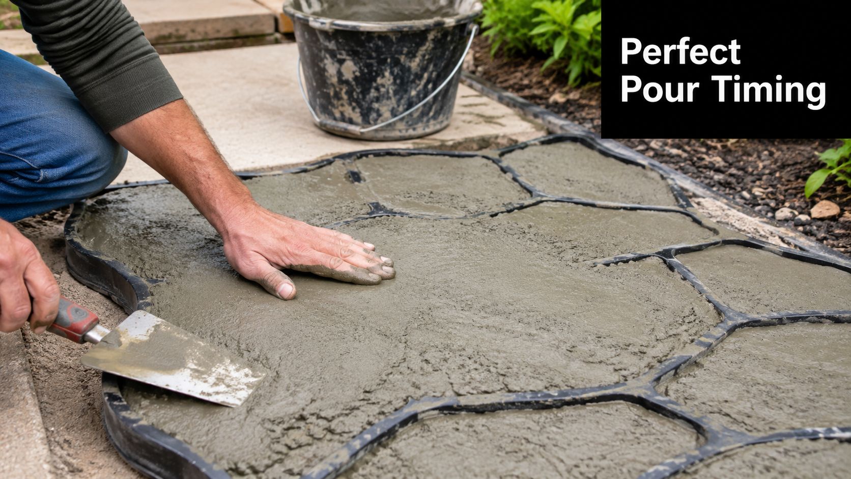 How to Choose and Use Patio Concrete Molds in 2026 4 A person smooths wet cement into a stone-shaped patio concrete mold using a metal trowel outdoors.