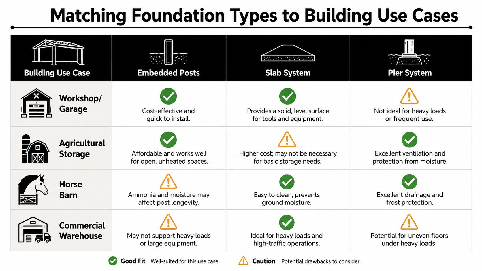 Pole Barn Foundation Options: A Complete Guide 4 A comparison chart showing which foundation types, including embedded posts, slab systems, and pier systems, fit specific building use cases.