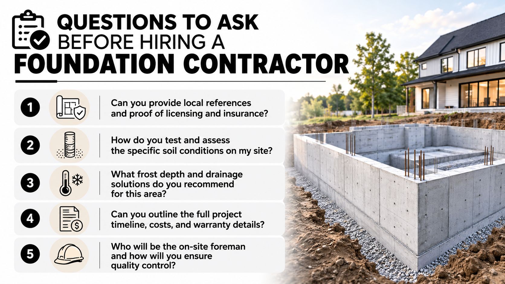 Pole Barn Foundation Options: A Complete Guide 5 A list of five essential questions to ask before hiring a professional foundation construction contractor.