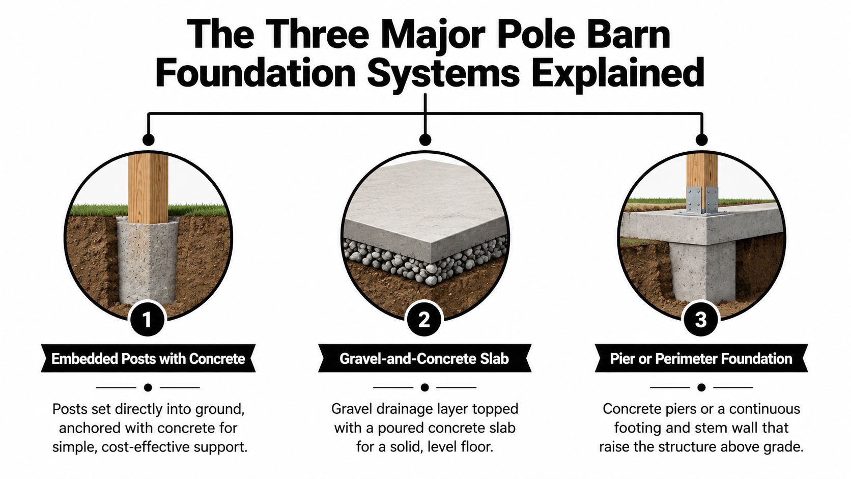 Pole Barn Foundation Options: A Complete Guide 2 A diagram illustrating the three major foundation systems for pole barns, including embedded posts, concrete slabs, and piers.