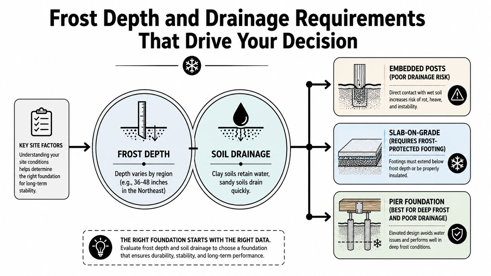 Pole Barn Foundation Options: A Complete Guide 3 An infographic illustrating how frost depth and soil drainage affect the choice of pole barn foundation types.
