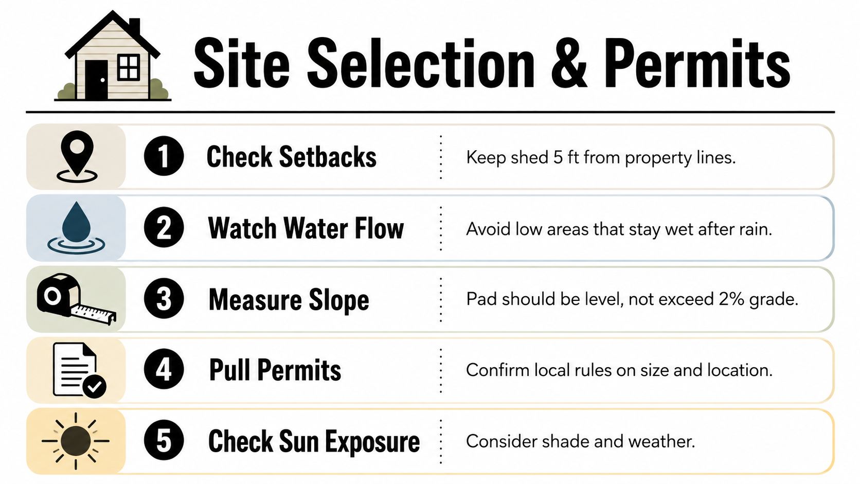 Shed Foundation Preparation in PA, MD, DE & NJ 3 A list graphic illustrating five essential steps for selecting a site and getting permits for a shed.