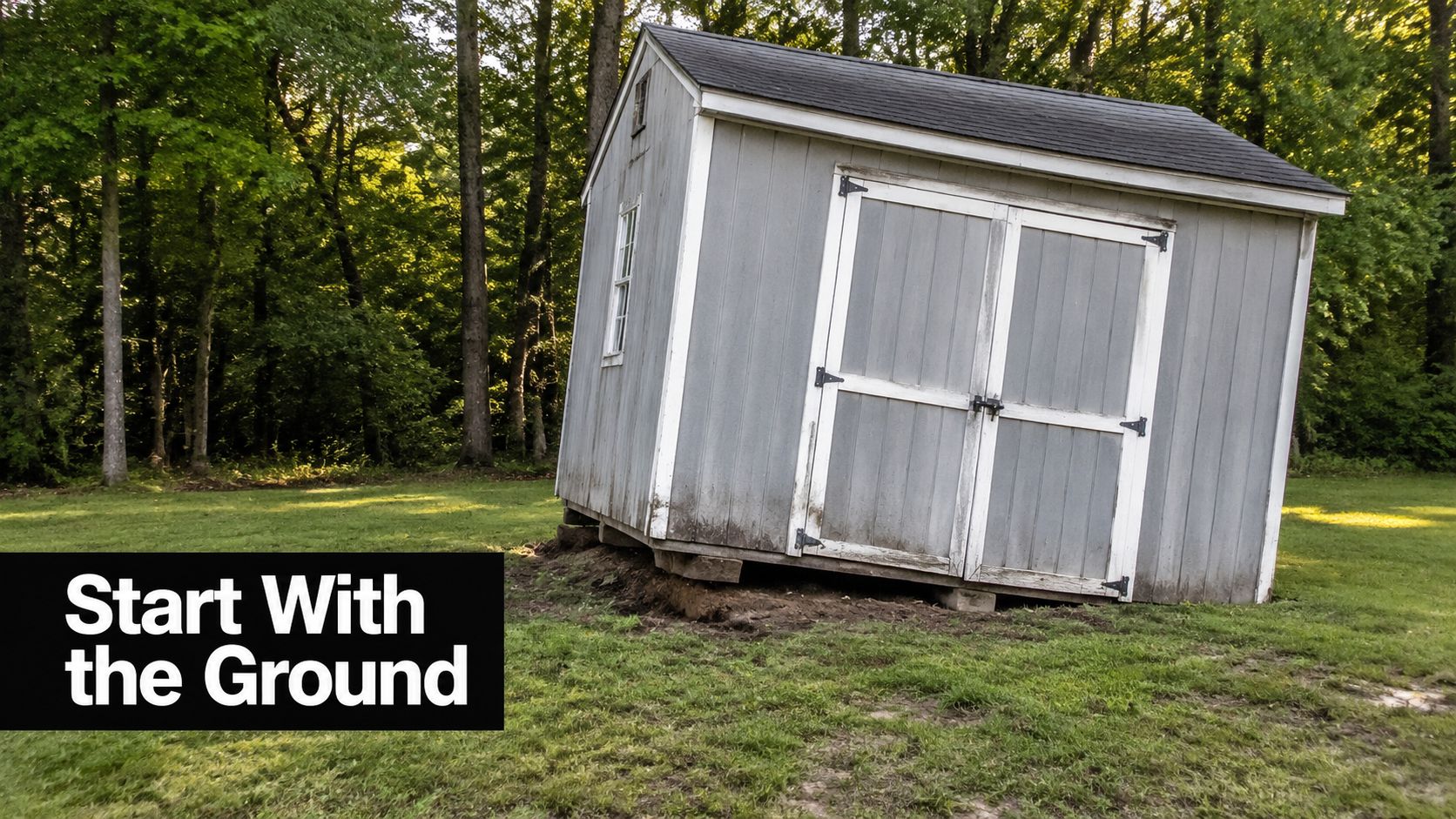 Shed Foundation Preparation in PA, MD, DE & NJ 2 A gray wooden storage shed sitting on uneven ground, highlighting the importance of proper shed foundation preparation.