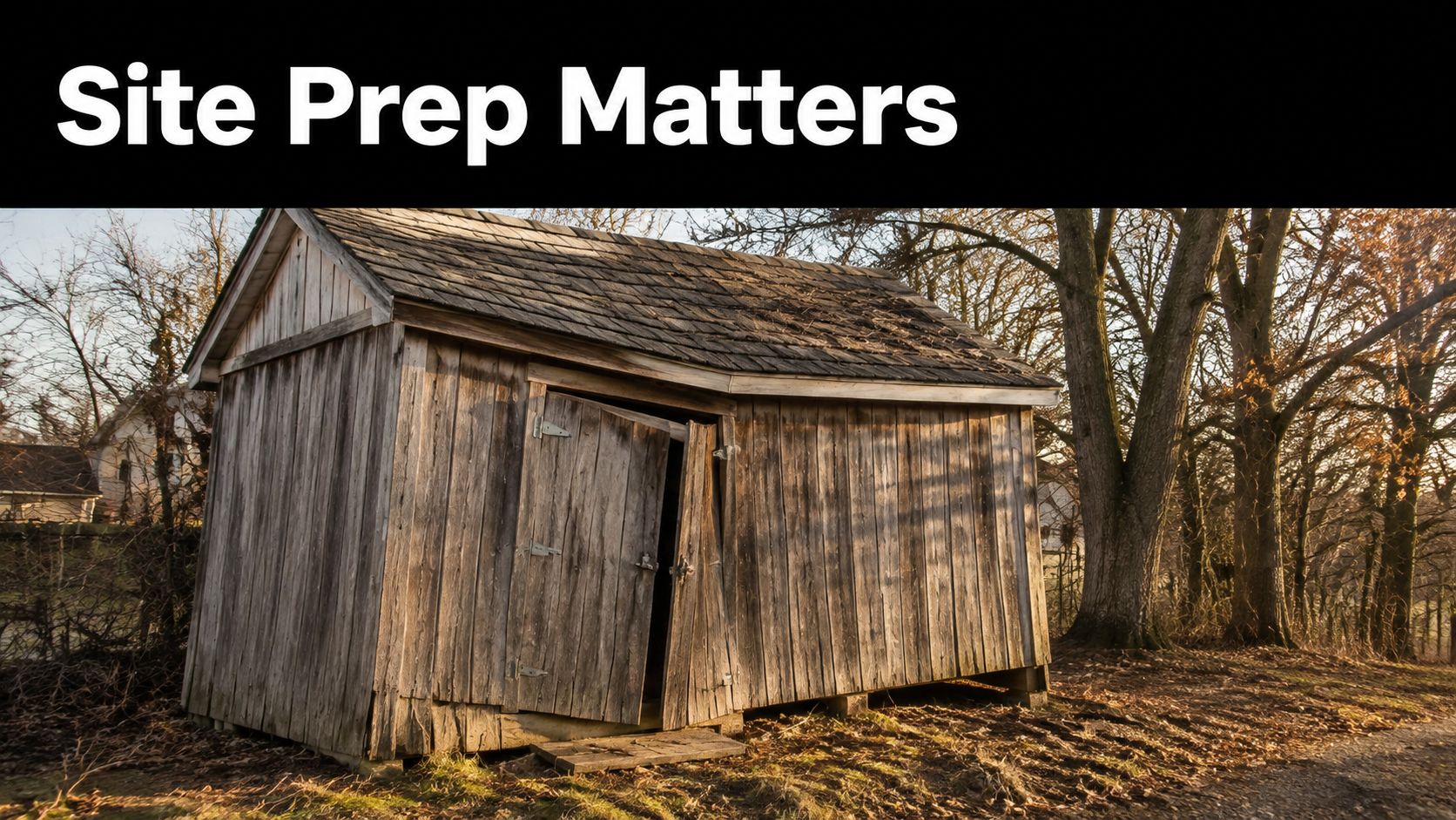 Shed Site Prep in Pennsylvania: Complete Foundation Guide 2 A dilapidated wooden shed with a sagging door, illustrating the importance of proper foundation and site preparation.