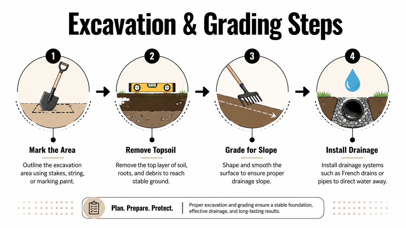 Shed Site Prep in Pennsylvania: Complete Foundation Guide 3 A four-step infographic illustrating the excavation and grading process for preparing a stable construction site foundation.
