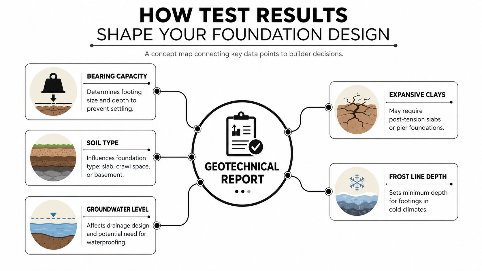 Soil Testing for Foundations: A Homeowner's Guide 3 A concept map diagram showing how geotechnical report test results influence foundation design and construction decisions.