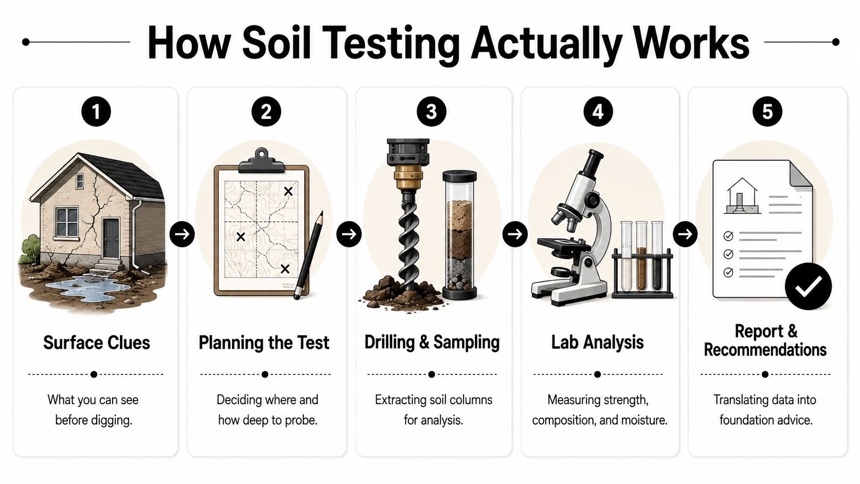 Soil Testing for Foundations: A Homeowner's Guide 2 An infographic showing the five steps of soil testing for building foundations, from surface clues to reporting.