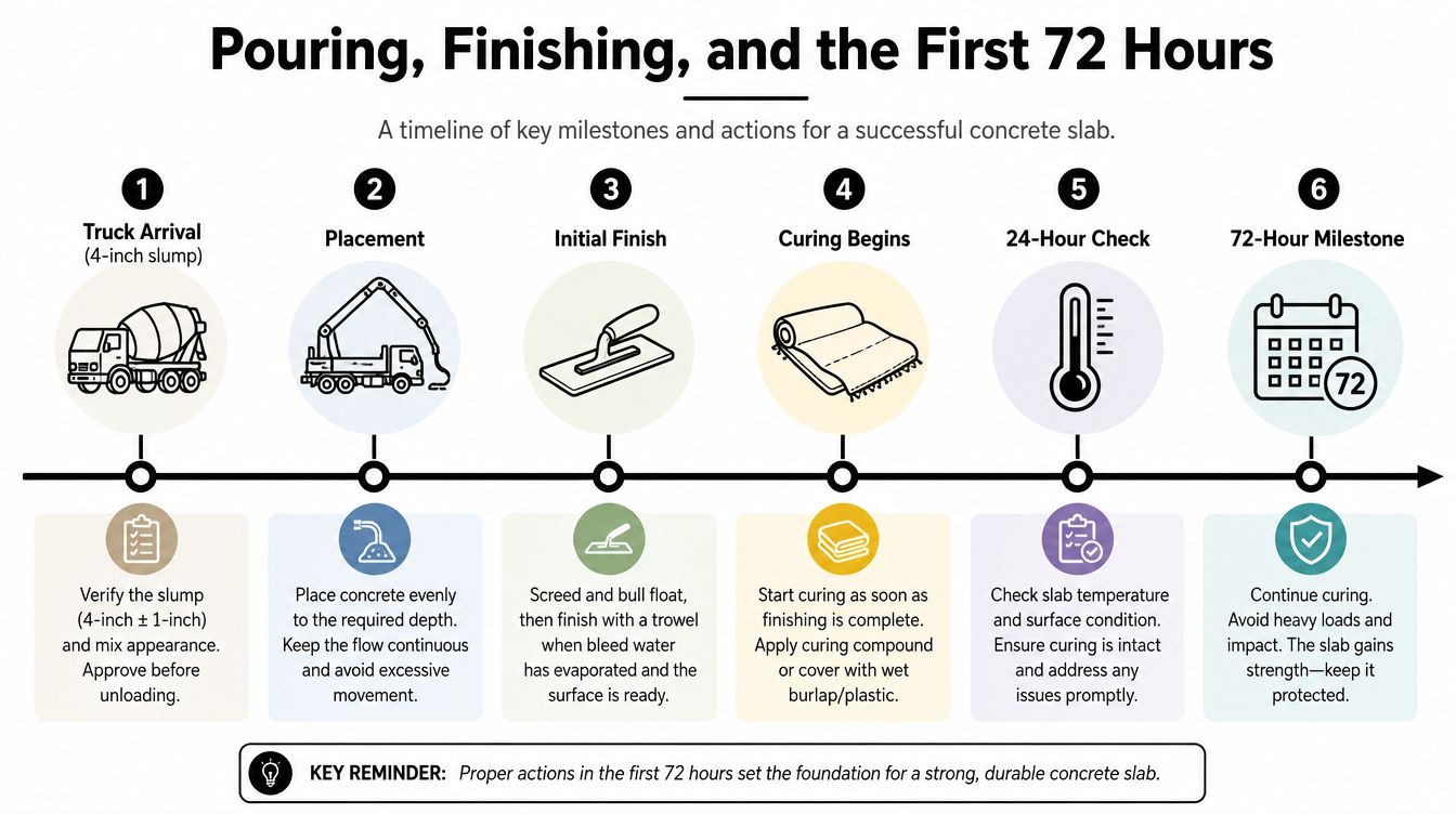 Winter Concrete Pouring Guide: Cold Weather Tips 4 A step-by-step infographic showing the timeline for pouring, finishing, and curing concrete over 72 hours.