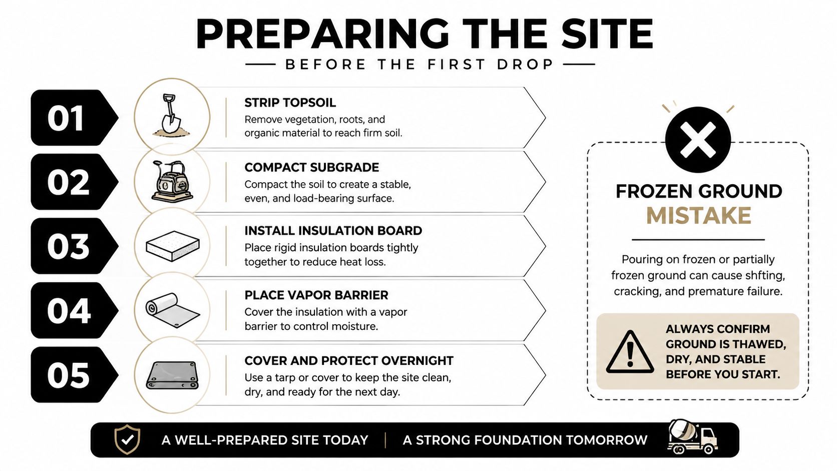 Winter Concrete Pouring Guide: Cold Weather Tips 3 An infographic detailing five essential steps for preparing a construction site before pouring concrete, emphasizing avoiding frozen ground.