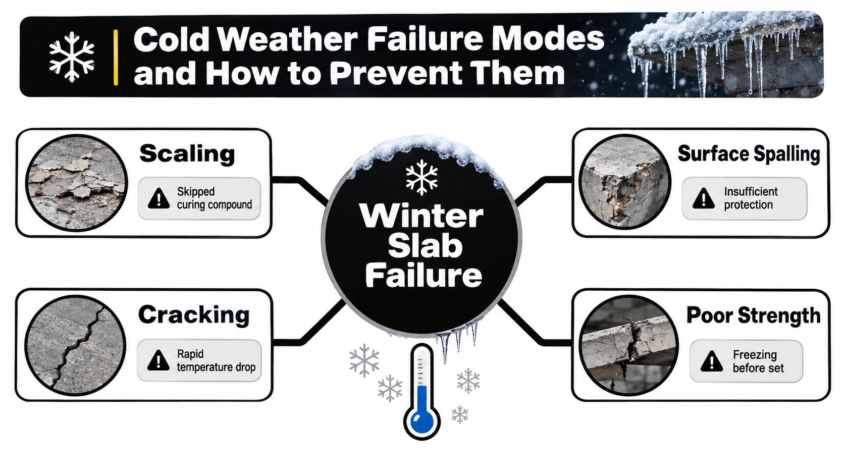 Winter Concrete Pouring Guide: Cold Weather Tips 5 An infographic illustrating four common cold weather concrete failure modes including scaling, surface spalling, cracking, and poor strength.