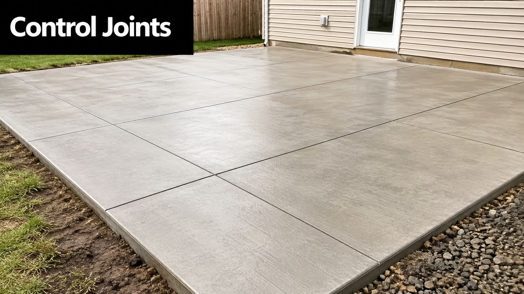 A newly poured concrete patio slab featuring visible control joints to prevent random cracking in the surface.