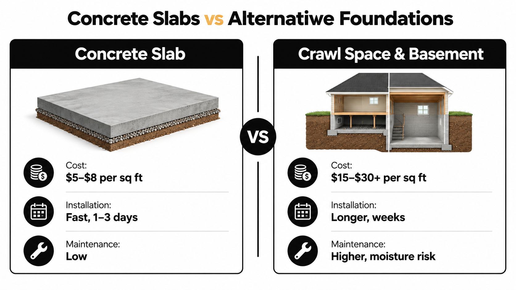 A comparison infographic between concrete slab foundations and crawl space or basement foundations showing cost and installation time.