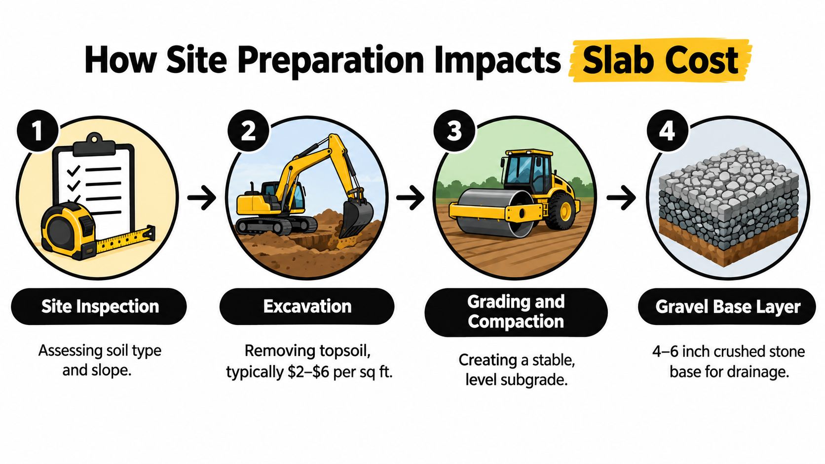 An infographic showing four steps of site preparation for a concrete slab construction project.