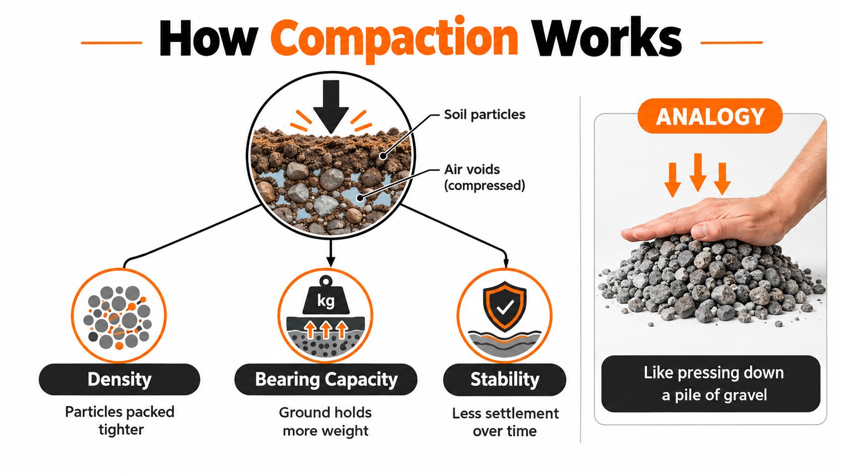 Compaction Equipment Types Explained for Solid Foundations 2 A diagram explaining soil compaction process showing density, bearing capacity, stability, and a gravel hand-pressing analogy.