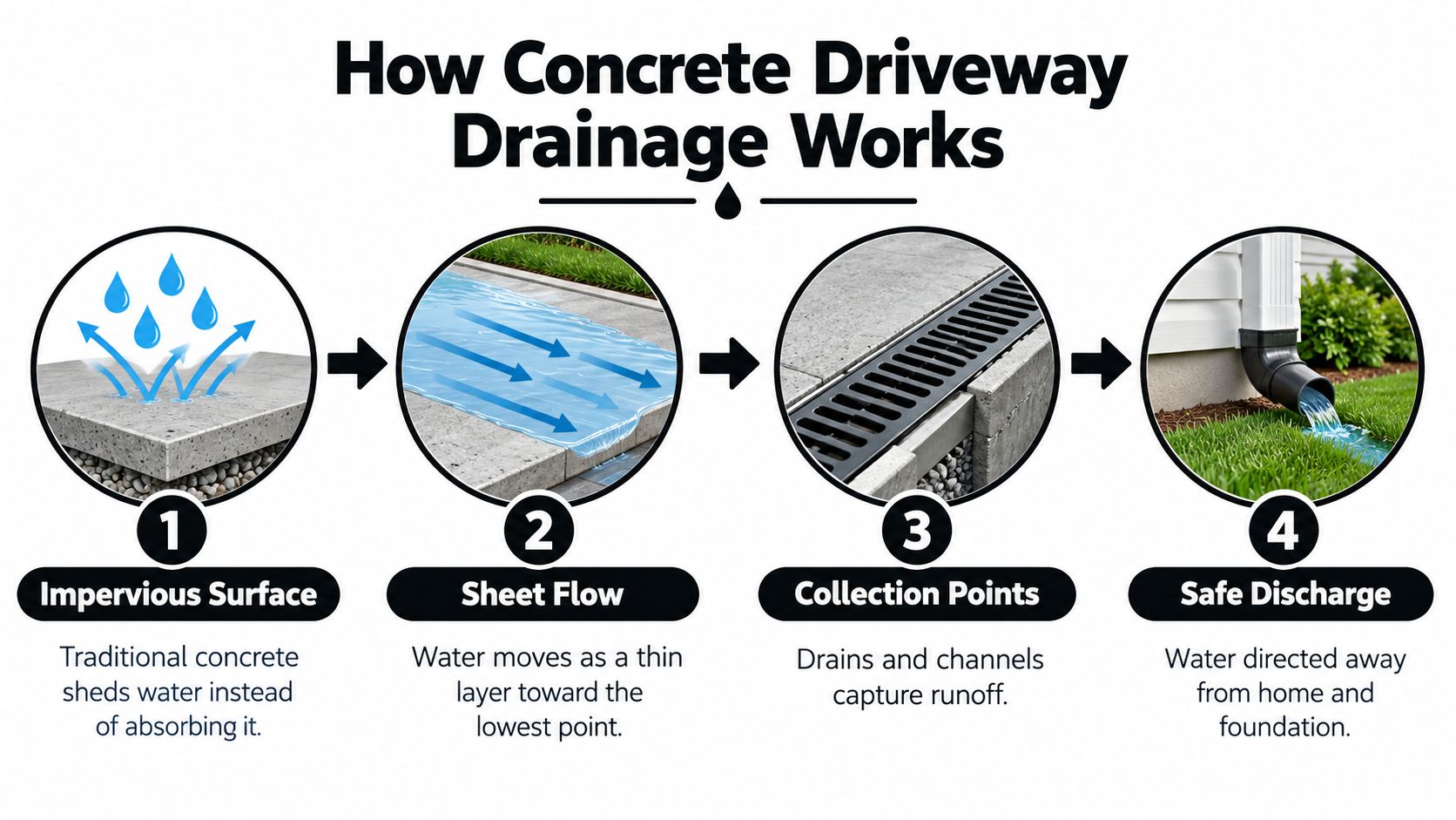 A diagram showing the four stages of concrete driveway drainage from surface runoff to safe water discharge.