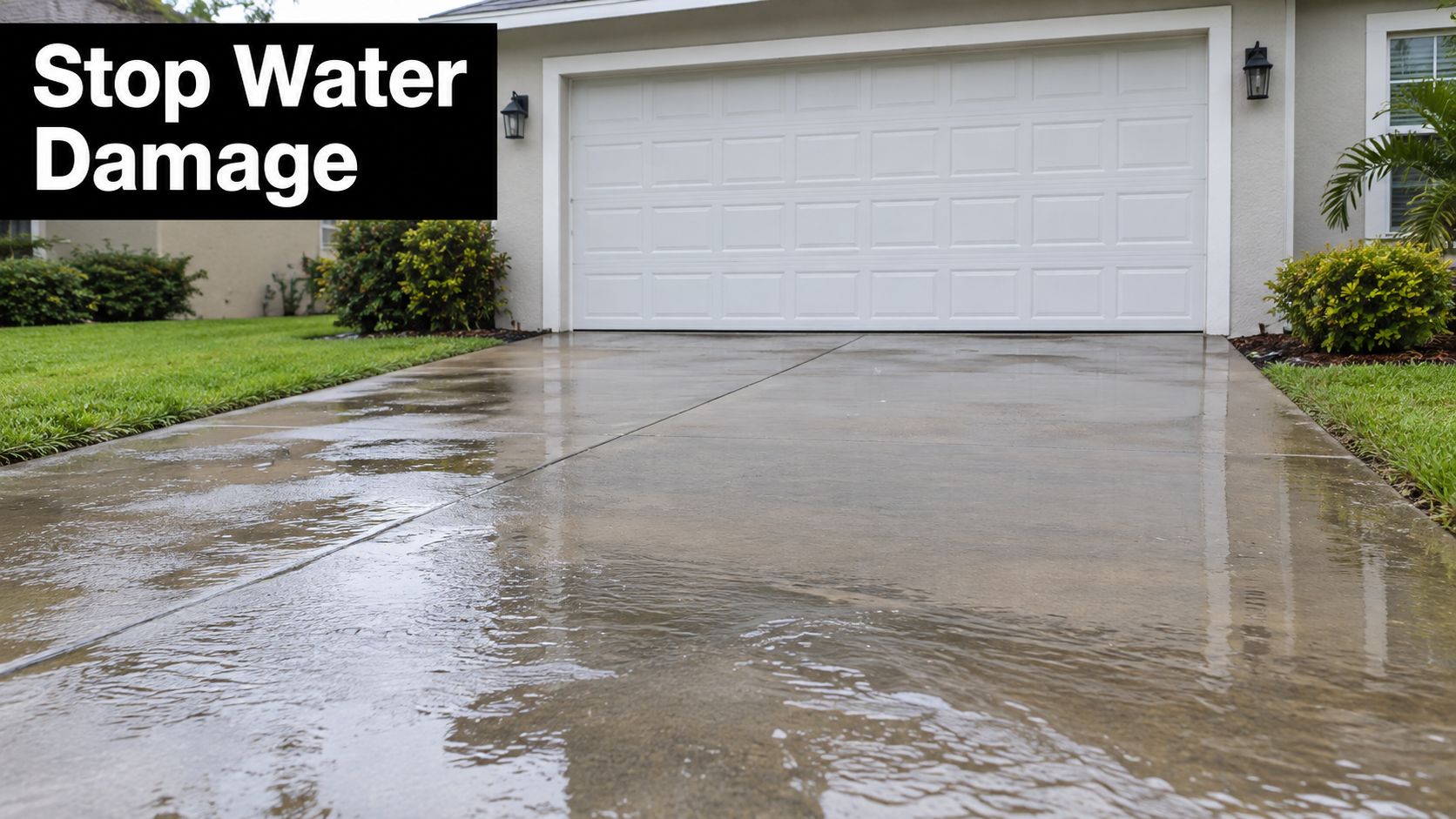 A flooded residential concrete driveway with water pooling near the closed garage door after heavy rain.