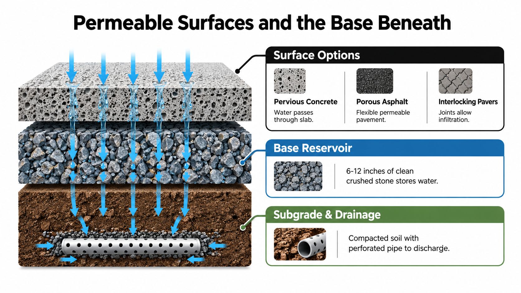 A diagram illustrating how permeable surfaces like concrete and pavers drain water into a stone reservoir.