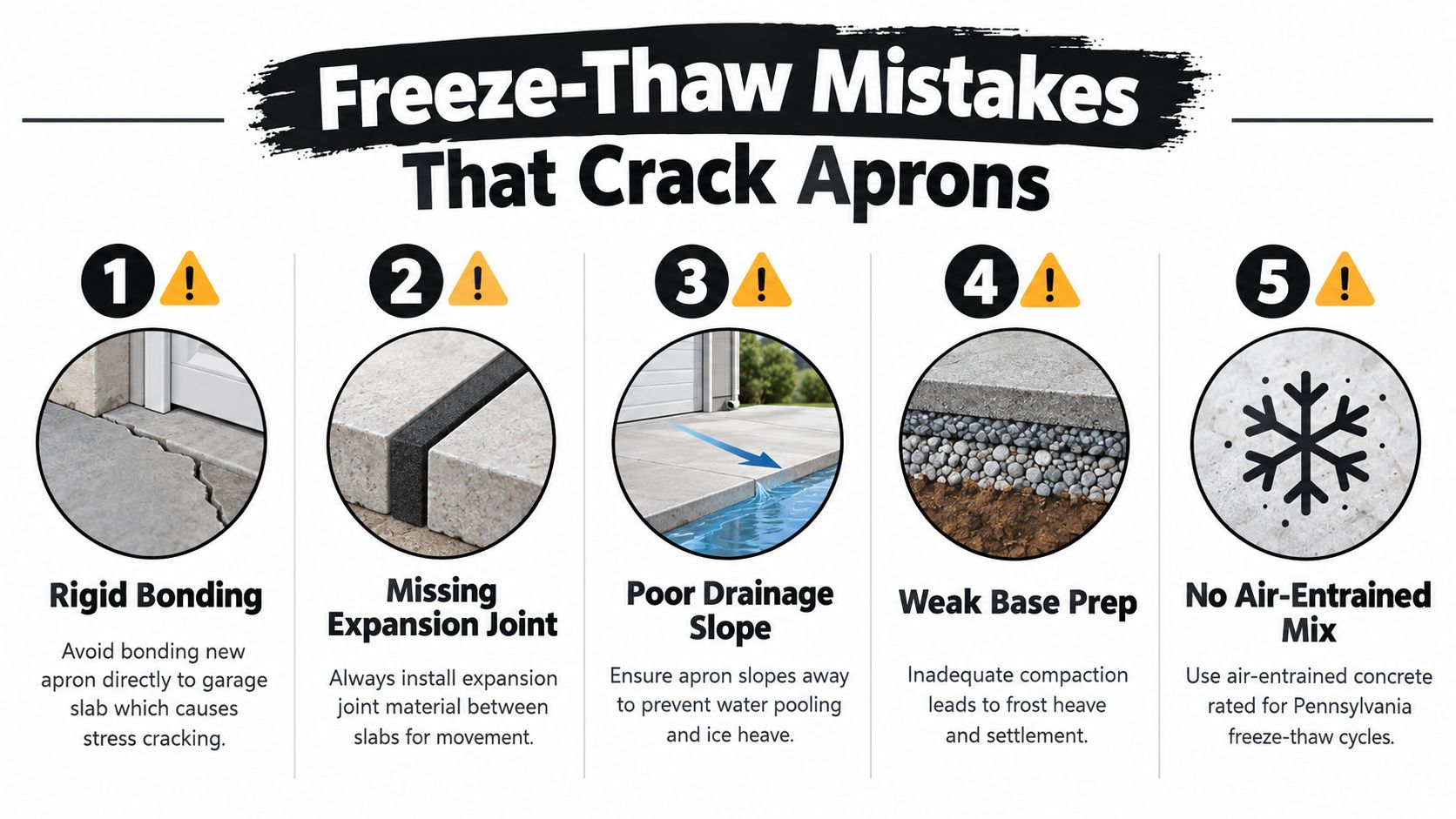 Concrete Garage Apron Guide for Pennsylvania Homeowners 4 An infographic showing five common construction mistakes that cause concrete garage aprons to crack during freeze-thaw cycles.