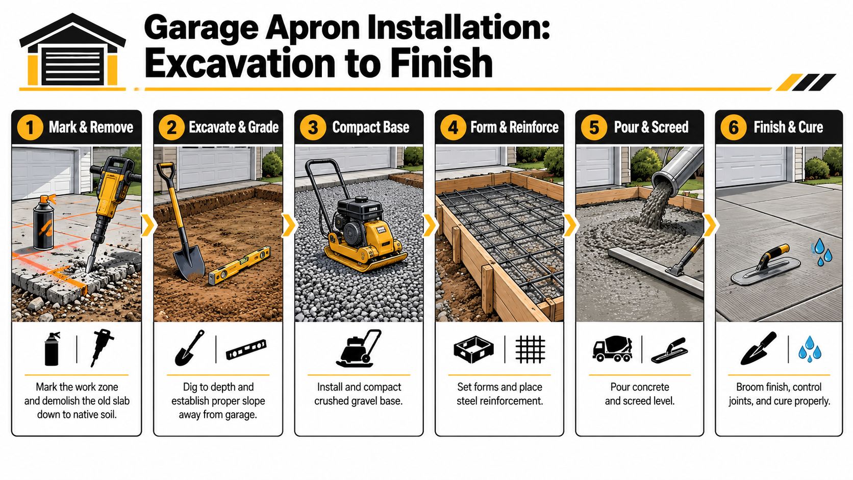 Concrete Garage Apron Guide for Pennsylvania Homeowners 3 A six-step infographic illustrating the professional installation process of a concrete garage apron from excavation to finishing.