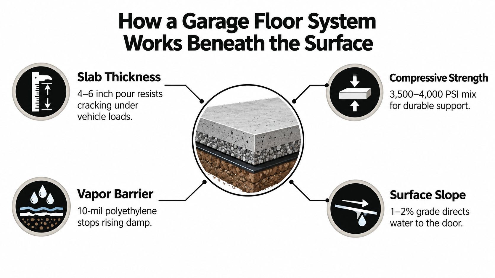 Concrete Garage Floor Design Ideas That Last in PA 3 A diagram illustrating the four critical components of a durable concrete garage floor system for residential garages.