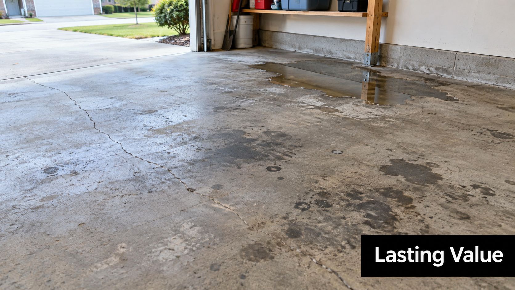 Concrete Garage Floor Design Ideas That Last in PA 2 A stained and cracked concrete garage floor with a puddle of water under a wooden workbench.