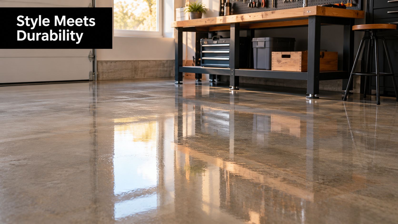 Concrete Garage Floor Design Ideas That Last in PA 4 A modern garage with a highly polished, reflective concrete floor and a sturdy wooden workbench.