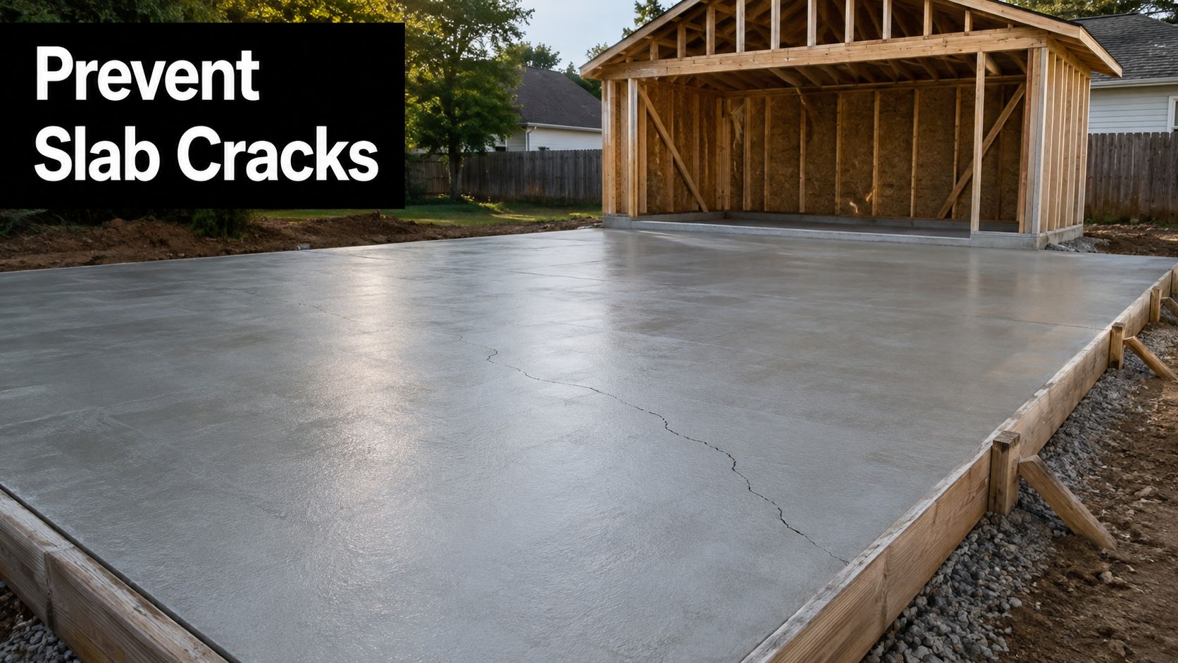 Concrete Joint Spacing Rules for Durable Slabs 2 A newly poured concrete slab foundation with visible surface cracks in front of a wooden garage frame.