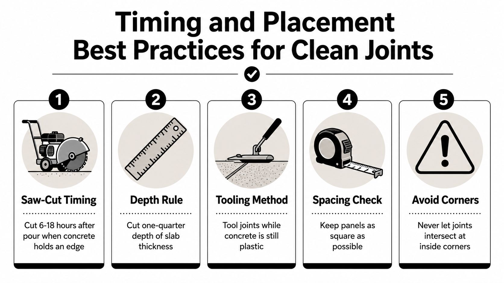 Concrete Joint Spacing Rules for Durable Slabs 4 An infographic detailing five best practices for creating clean joints in concrete, including timing, depth, and placement.
