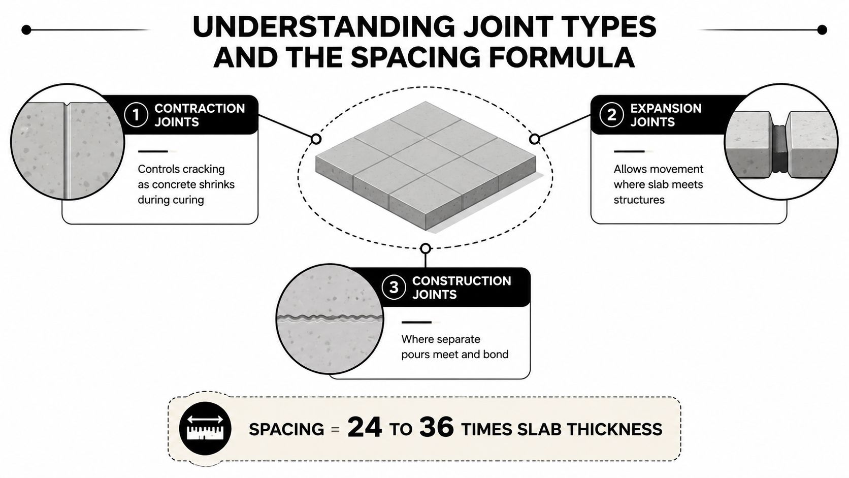 Concrete Joint Spacing Rules for Durable Slabs 3 An infographic detailing the three types of concrete joints and the recommended spacing formula for construction projects.