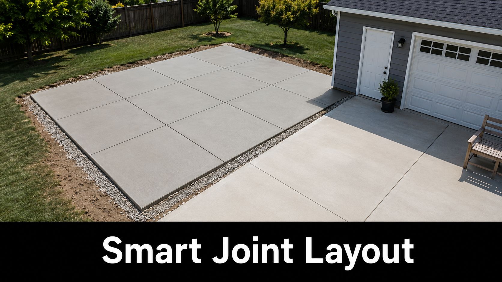 Concrete Joint Spacing Rules for Durable Slabs 5 A newly poured concrete patio extension featuring a professional grid pattern with smart control joint spacing.