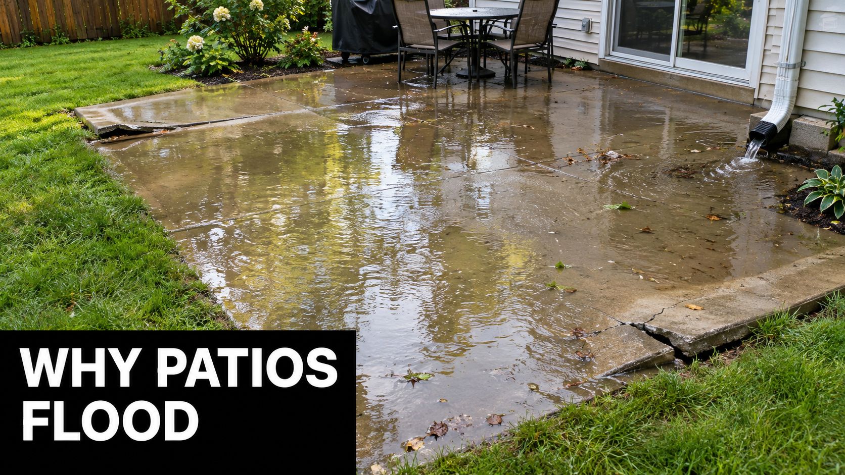 Concrete Patio Drainage in PA, MD, DE & NJ 1 A flooded concrete patio with standing water pooling due to poor drainage near the house foundation.