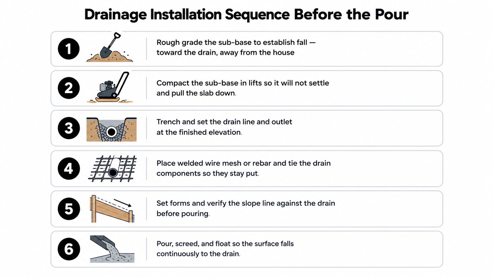 Concrete Patio Drainage in PA, MD, DE & NJ 3 An infographic showing a six-step sequence for installing drainage systems before pouring a concrete slab patio.