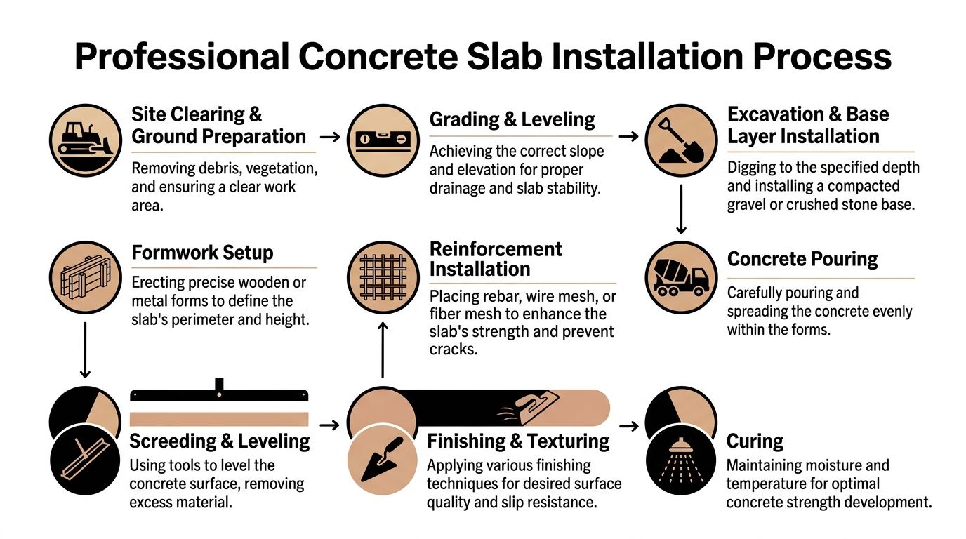 Concrete Pouring Services Guide for Pennsylvania Homeowners 3 A professional infographic illustrating the step-by-step process of installing a residential or commercial concrete slab.
