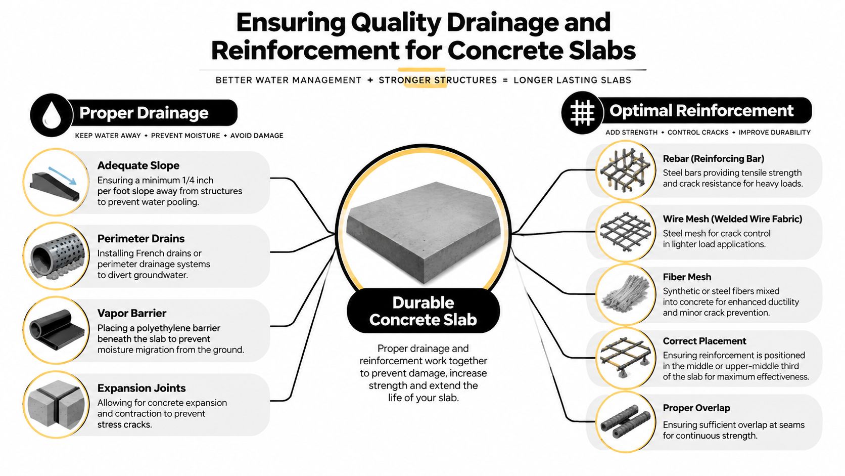 Concrete Pouring Services Guide for Pennsylvania Homeowners 5 An infographic detailing essential techniques for ensuring proper drainage and effective reinforcement for durable concrete slabs.