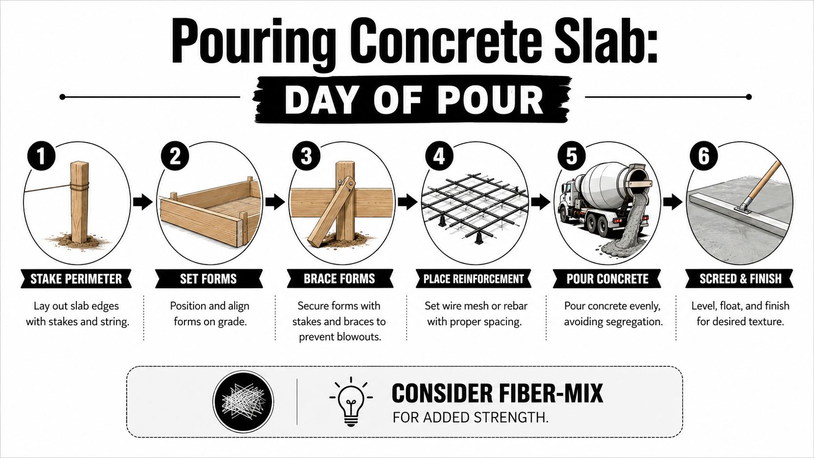 Concrete Slab Foundation Installation Made Simple 5 An infographic showing the six steps to pour a concrete slab, from staking the perimeter to finishing.