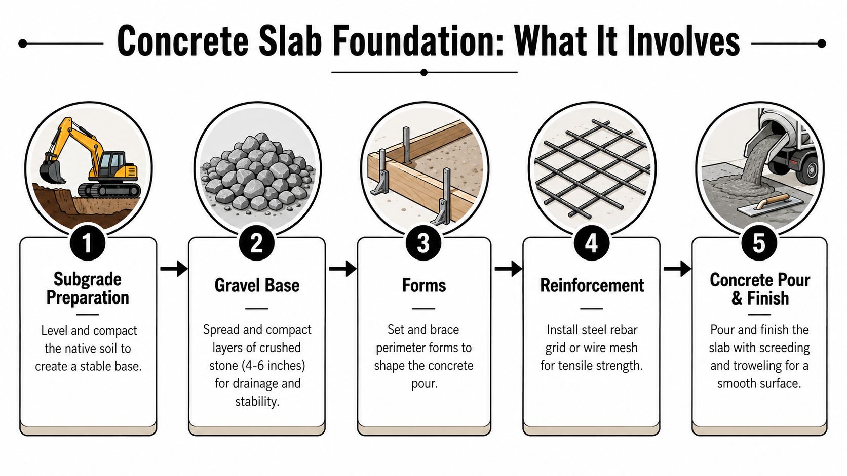 Concrete Slab Foundation Installation Made Simple 2 A step-by-step infographic illustrating the five stages of building a concrete slab foundation for construction.