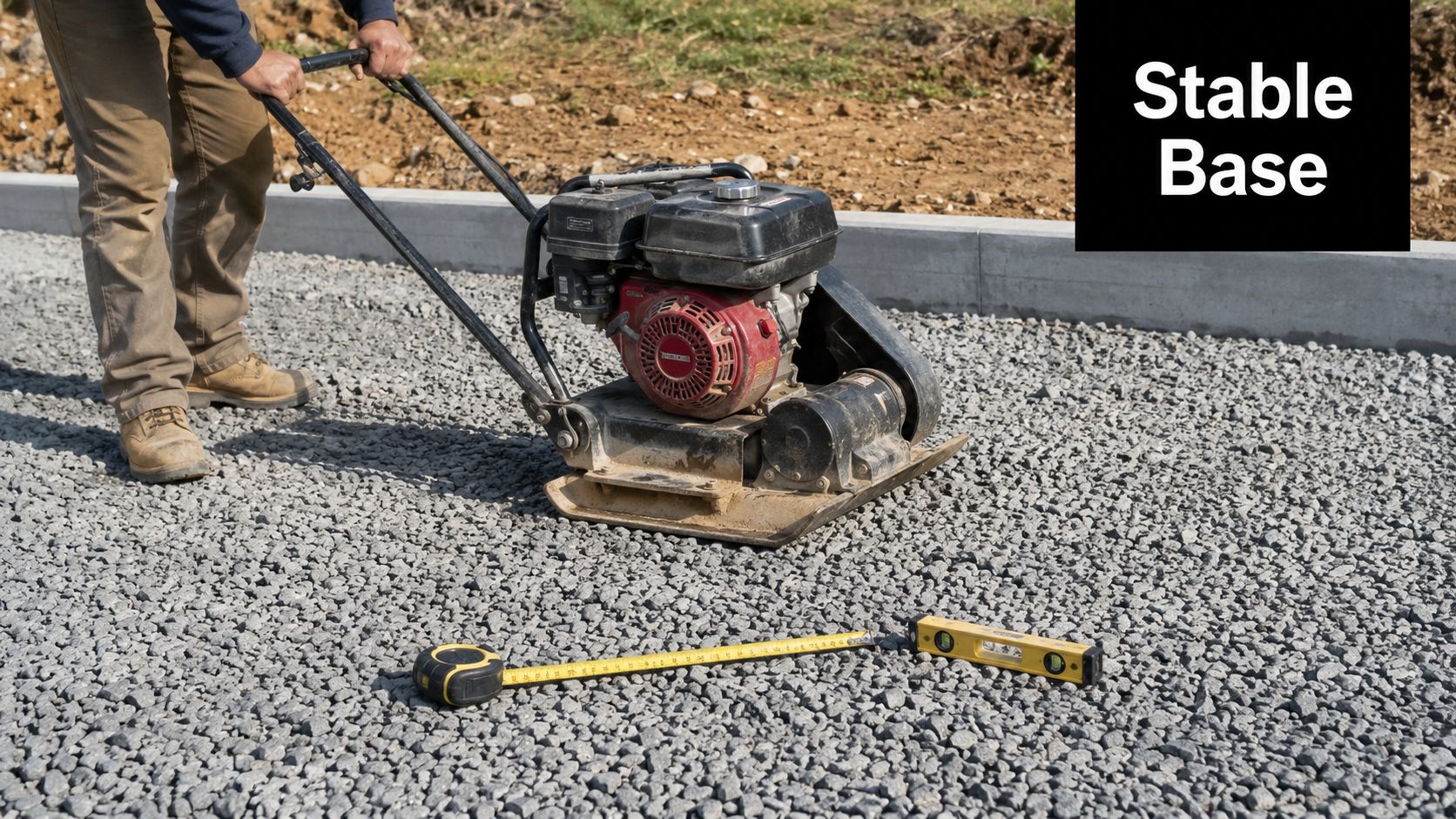 Concrete Slab Foundation Installation Made Simple 4 A construction worker uses a plate compactor to create a stable base on a gravel surface.