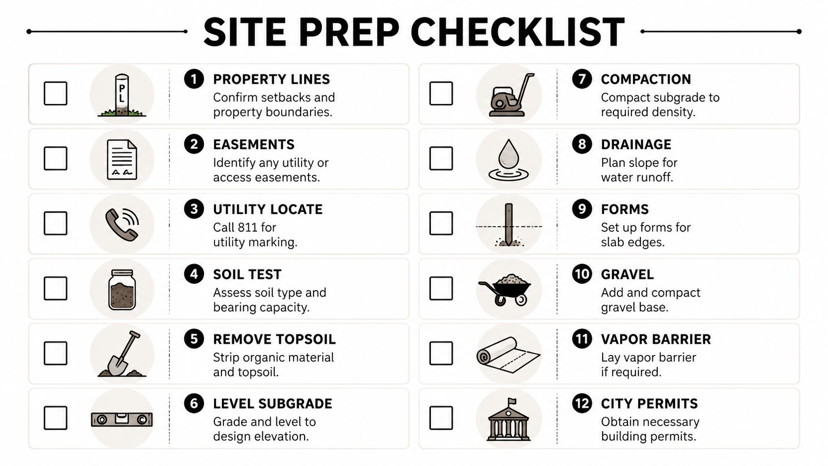Concrete Slab Foundation Installation Made Simple 3 A comprehensive 12-step infographic checklist for site preparation before starting a concrete slab foundation installation.