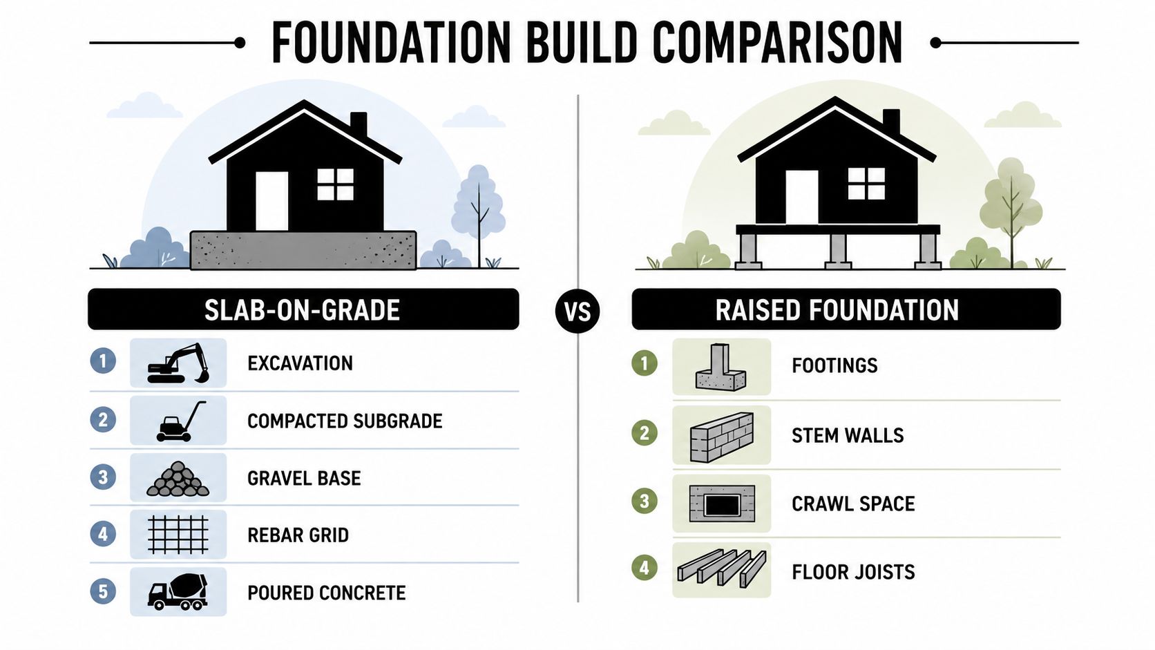 Concrete Slab vs Raised Foundation: Which Is Right 2 An infographic showing the step-by-step construction processes for slab-on-grade foundations versus raised foundations for houses.