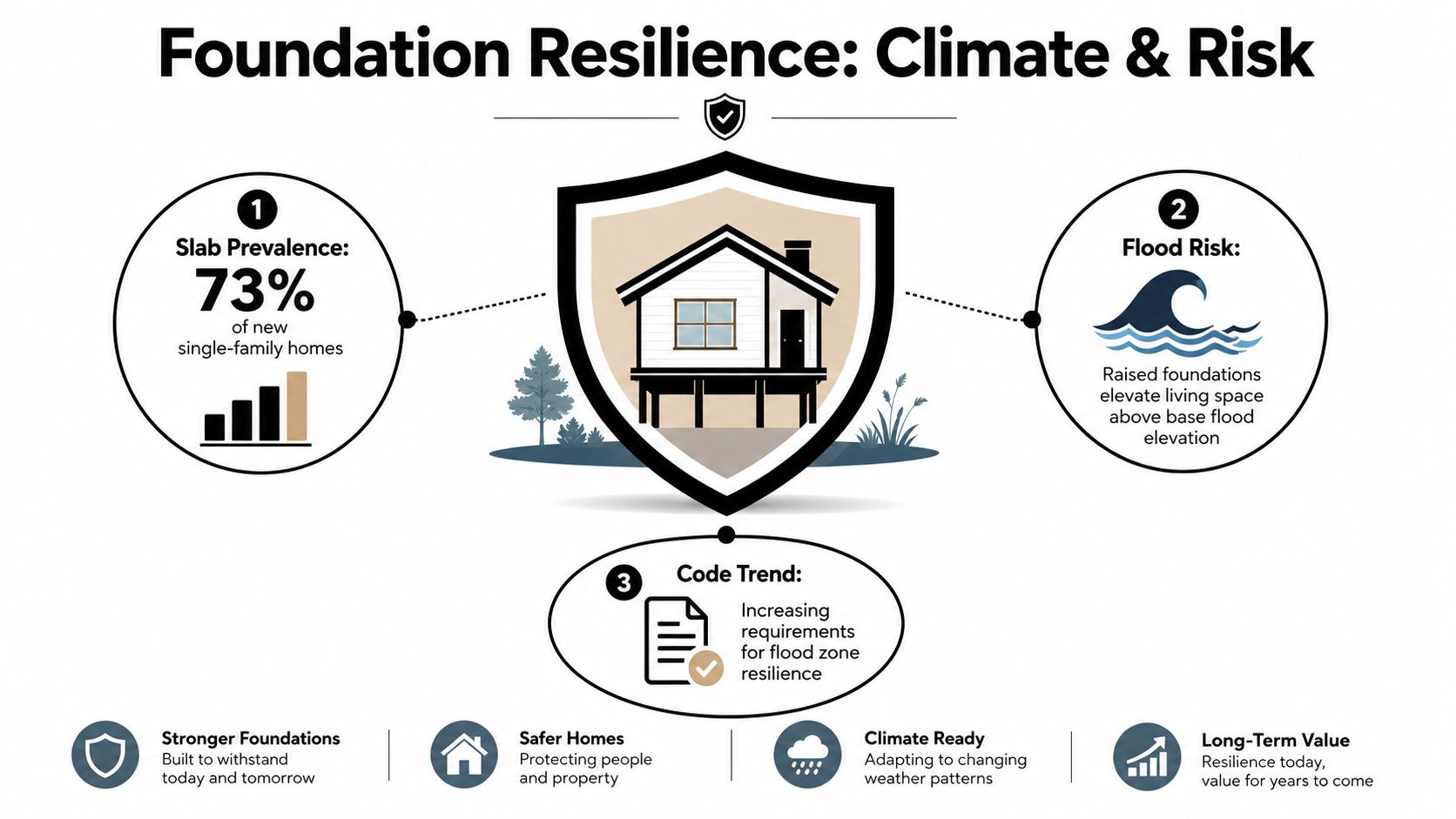 Concrete Slab vs Raised Foundation: Which Is Right 3 An infographic titled Foundation Resilience showing slab prevalence, flood risks for raised foundations, and evolving building code trends.