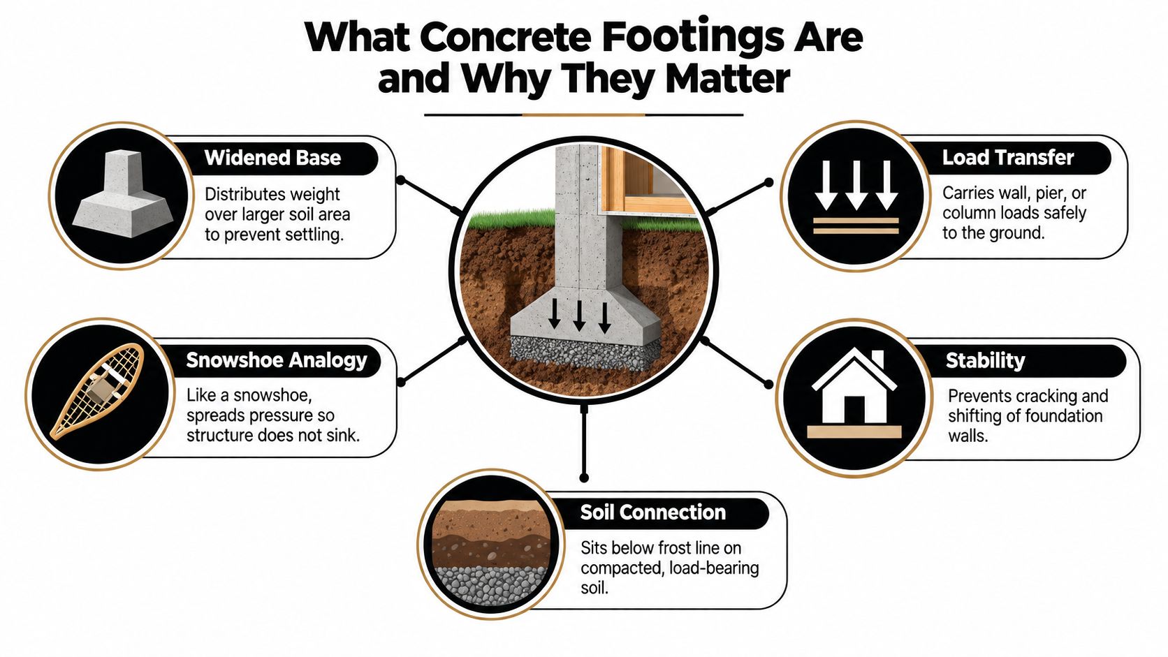 A diagram explaining what concrete footings are and how they support structures by transferring weight to soil.