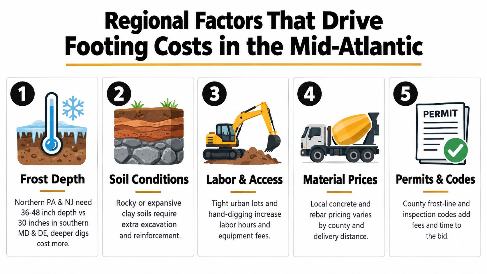 An infographic showing five regional factors that influence the cost of pouring concrete footings in the Mid-Atlantic.