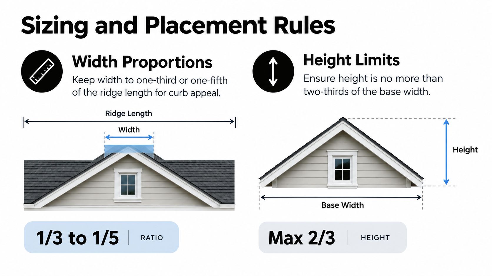 A diagram illustrating design rules for placing a cupola on a garage roof with proportions.