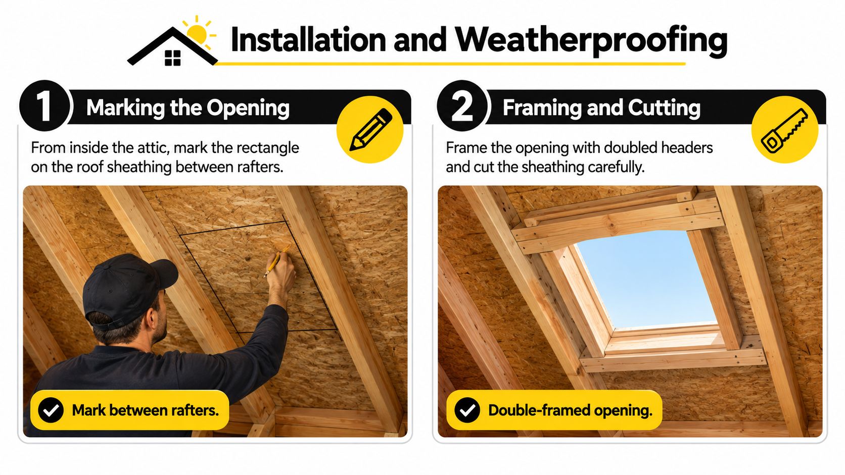 A professional construction worker installs a skylight by marking and framing the roof opening between rafters.