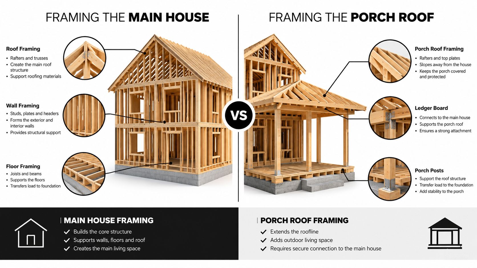 Dog House with Porch: A Practical Build and Site Guide 3 A detailed comparison graphic showing the structural framing of a main house versus a porch roof.