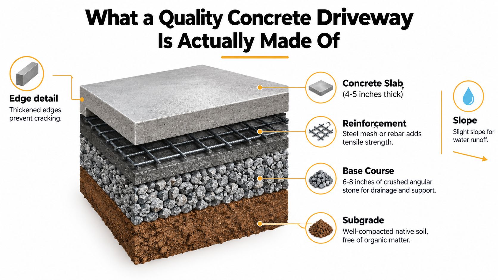 Driveway Cement Contractors Near Me: A Homeowner Guide 2 An infographic showing the layered structure of a quality concrete driveway, including subgrade, base course, reinforcement, and slab.