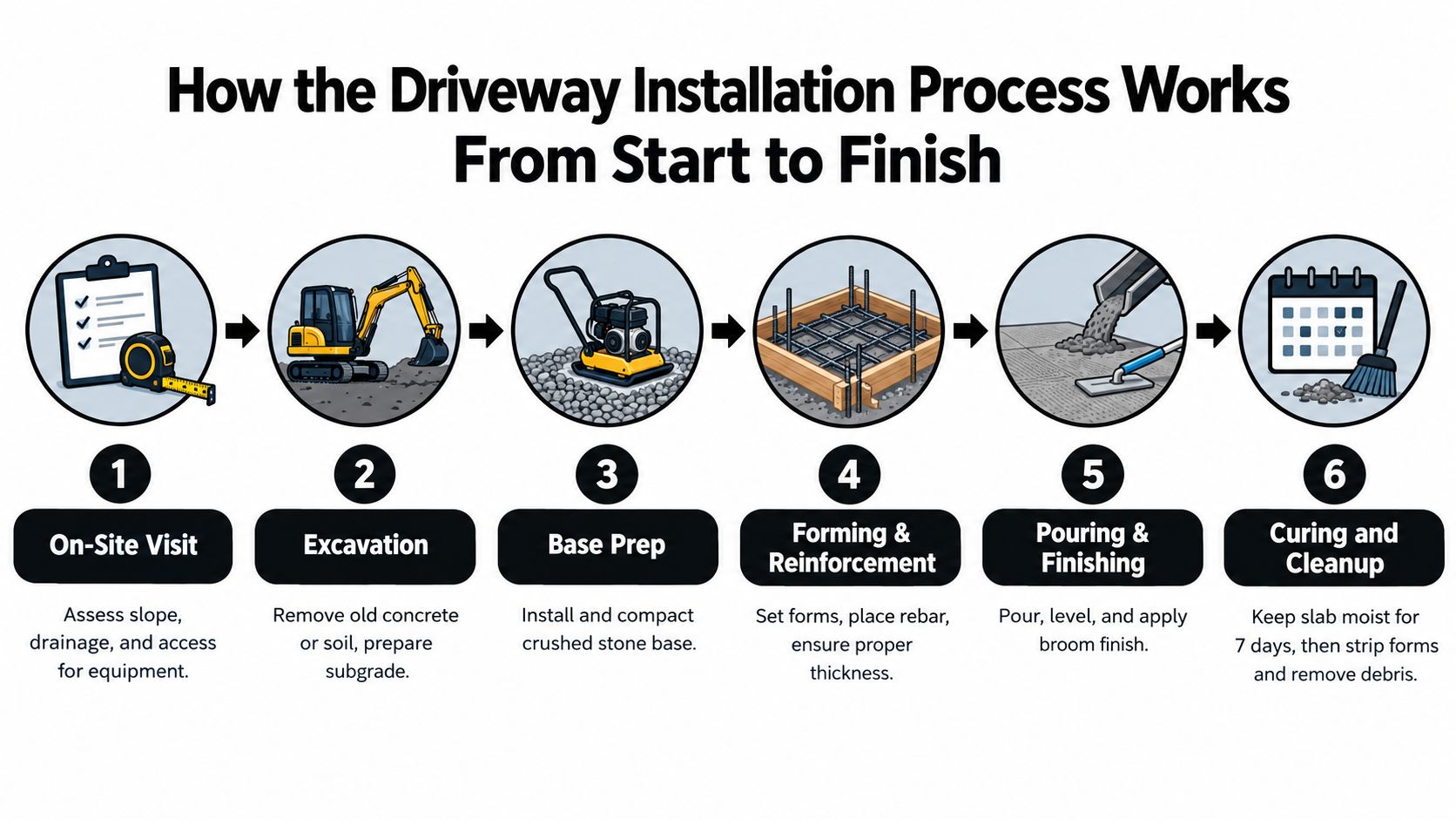 Driveway Cement Contractors Near Me: A Homeowner Guide 3 A six-step infographic illustrating the professional driveway installation process from on-site visit to final cleanup.