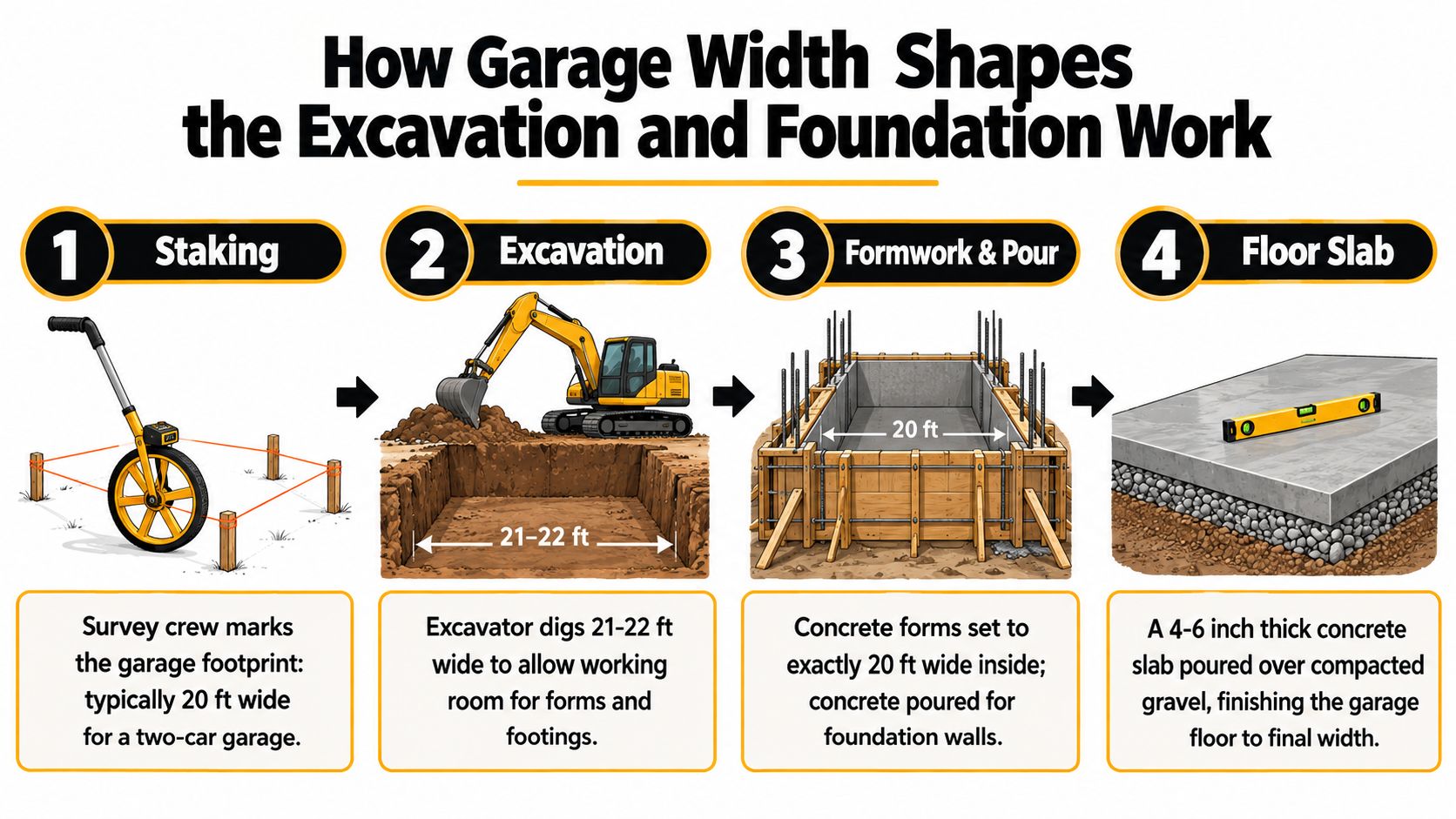 Garage Width for 2 Cars: A Practical Sizing Guide 3 A four-step infographic illustrating the construction process for a two-car garage foundation and concrete slab.